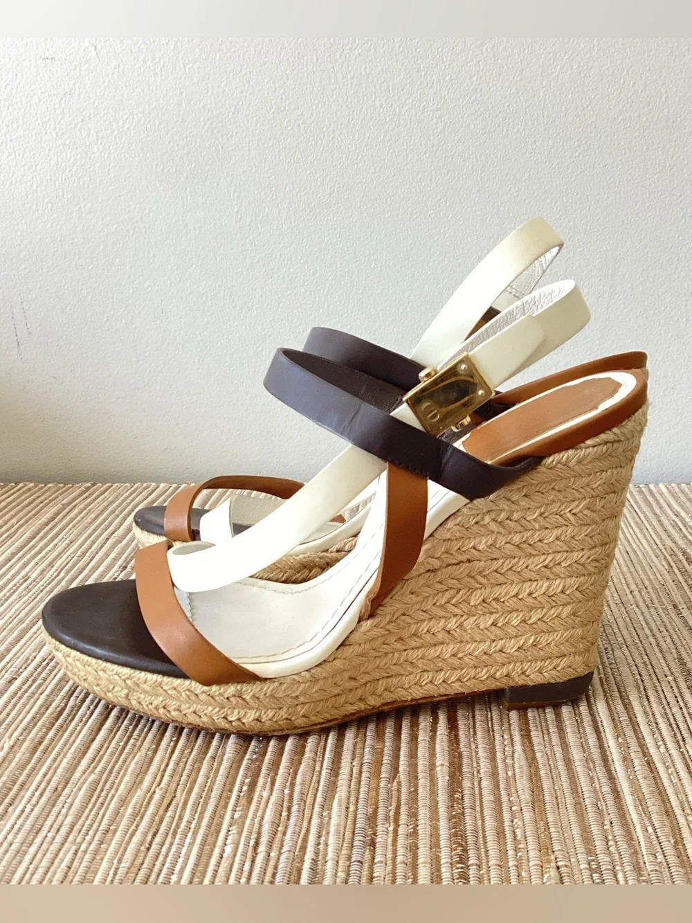 Christian DIOR White Black Leather Strappy Espadrille Wedge Sandal Shoes 37